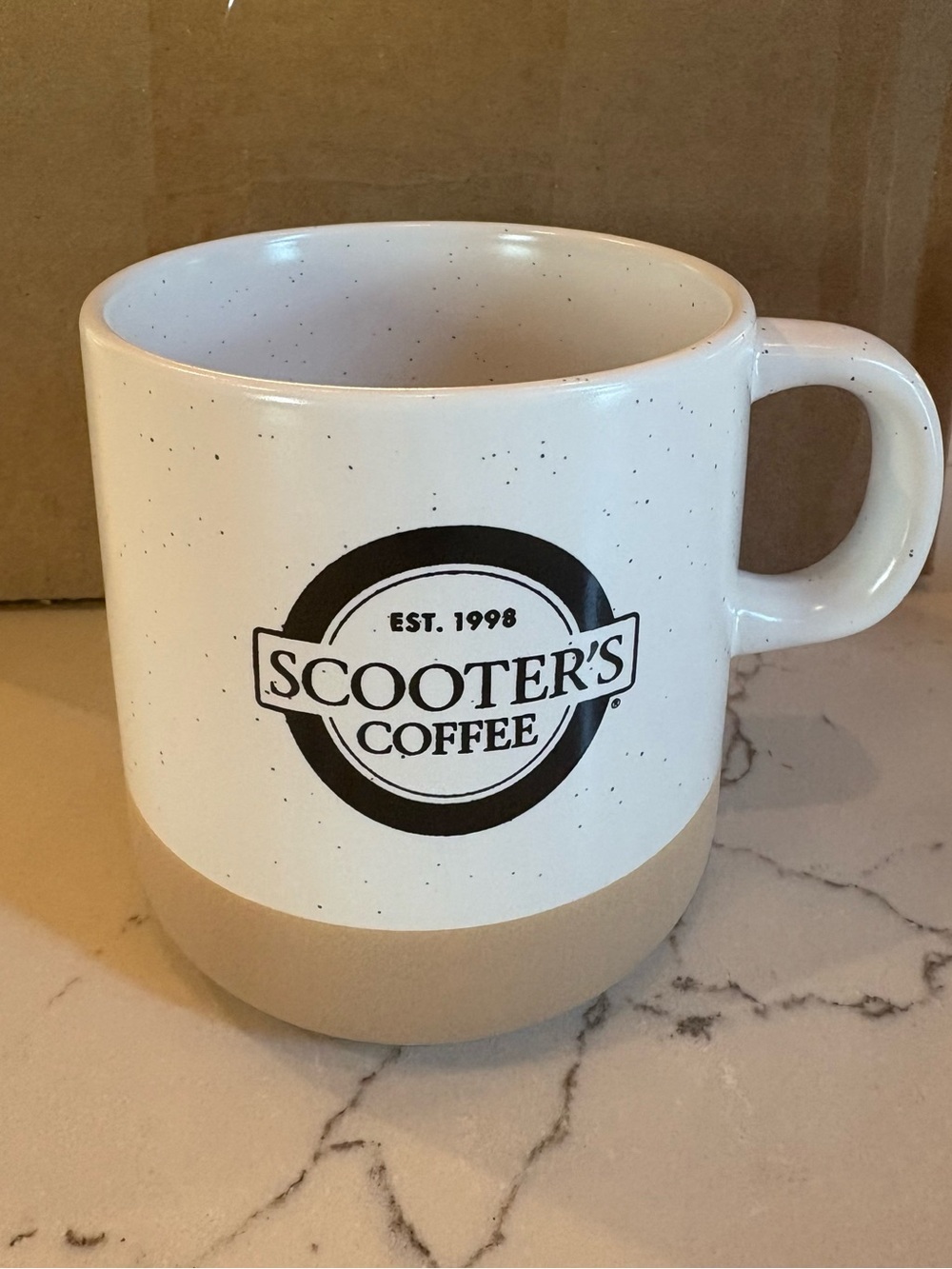 Scooter's Coffee Speckled Ceramic Mug in White and Tan